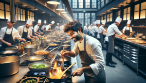 Un aperçu de l'intérieur d'une cuisine de restaurant animée située à Schaerbeek. Le point central de l'image est un chef talentueux d'origine sud-asiatique. Il prépare avec enthousiasme et passion un plat alléchant qui donne l'eau à la bouche. L'arôme scintillant émanant des poêles qui crépitent est presque perceptible. Autour de lui, on observe une foule de professionnels de la cuisine de diverses origines et de différents genres, absorbés avec sérieux dans leurs tâches respectives. L'excitation, l'agitation et le travail d'équipe fluide caractérisent l'atmosphère de cette cuisine moderne et efficace.