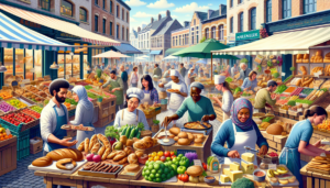 Une scène revitalisée du quartier de Molenbeek, bourdonnante d'énergie et de vie. Un marché alimentaire animé occupe le devant de la scène, avec une multitude de stands proposant tout, des fruits et légumes aux spécialités locales et à la cuisine internationale. On voit diverses personnes s'engager dans leur travail, offrant un large éventail de carrières culinaires. Une femme du Moyen-Orient arrange habilement des pains artisanaux à son étal de boulangerie, un homme noir grille expertement de la viande à un stand de barbecue, une femme caucasienne vend des produits locaux frais et un homme hispanique présente un assortiment de fromages à son coin fromager. La zone dégage un charme magnétique, signalant des opportunités d'emploi diversifiées et florissantes dans les arts culinaires.