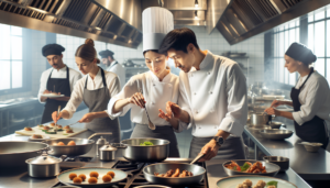 Une cheffe d'origine est-asiatique et un sous-chef masculin du Moyen-Orient démontrent activement leurs compétences culinaires exquises dans la cuisine animée d'un restaurant. Autour d'eux, une serveuse hispanique et un serveur caucasien servent la nourriture avec une attention minutieuse. L'ambiance est remplie de l'arôme délicieux de la nourriture en cuisson, et le cliquetis des ustensiles fournit une bande sonore constante. L'ameublement et l'agencement de la cuisine impliquent qu'il s'agit d'un espace professionnel, équipé d'appareils en acier inoxydable et d'une mise en place bien organisée. La scène capture parfaitement le dévouement et l'effort nécessaires pour faire fonctionner un restaurant avec succès.