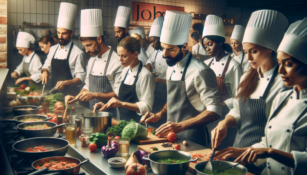 Une cuisine de restaurant active et animée. Un groupe de chefs de diverses origines et de différents sexes est présent, incluant une chef caucasienne, un chef hispanique masculin et une chef noire. Chacun d'entre eux est absorbé par ses tâches, coupant des légumes, remuant des marmites et dressant de délicieux plats. L'atmosphère est dynamique, remplie des sons et des images de la cuisine. Sur le mur, on voit bien un panneau Jobxtra en évidence, dont les couleurs se marient bien avec l'ambiance générale de la cuisine.