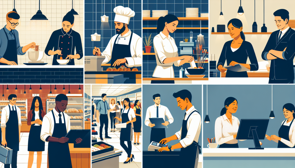 Un large éventail d'employés, collaborant en équipe dans un cadre professionnel. La première scène se déroule dans un restaurant, où un chef cuisinier masculin caucasien prépare consciencieusement des plats, une serveuse moyen-orientale sert les clients, et un manager masculin d'origine sud-asiatique supervise les opérations. La seconde scène présente un magasin de détail, avec une caissière noire en train d'enregistrer les achats, un réapprovisionneur masculin hispanique qui remplit les étagères, et une manager de magasin d'origine est-asiatique qui supervise les activités.