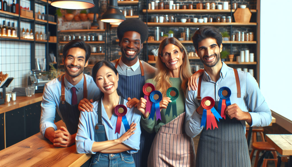 Un groupe de collègues joyeux et multiculturel est rassemblé dans le cadre dynamique d'un café contemporain et d'un magasin de détail attenant. Chaque individu arbore fièrement son propre ruban de récompense, témoignage de son travail acharné et de son dévouement. L'équipe est composée d'une femme hispanique, d'un homme noir, d'une femme d'Asie du Sud et d'un homme caucasien, leurs visages rayonnant de fierté et de camaraderie. Le café dégage une ambiance décontractée et sophistiquée avec son mobilier élégant et moderne. Le magasin de détail jouxtant le café est tout aussi stylé et regorge de divers biens et marchandises.