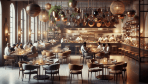 Un intérieur de restaurant unique. La salle à manger présente un agencement éclectique de sièges disposés de manière harmonieuse. Un éclairage doux et subtil rehausse l'ambiance tandis qu'une grande variété de plantes suspendues apporte une sensation de vivacité. Il y a une grande cuisine ouverte bien en vue des clients, grouillante d'activité. Des chefs de différentes origines, caucasiens, noirs, hispaniques, moyen-orientaux et sud-asiatiques, hommes et femmes, peuvent être vus en train de travailler intensément sur leurs plats signatures. Les casseroles et les poêles tintent et crépitent, tandis que des arômes se répandent dans la pièce, ajoutant à l'expérience culinaire globale.