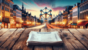 Imaginez une pile de candidatures pour un emploi dans un restaurant, soigneusement disposées sur une vieille table en bois usée. La table est placée sur fond de paysage urbain dynamique de Bruxelles, la capitale de la Belgique, avec ses monuments célèbres comme l'Atomium et le Grand-Place. Le paysage urbain bourdonne de l'agitation de la vie de la ville, des lumières éclatantes et du mouvement des gens et des véhicules sur fond de coucher de soleil. Des détails comme la texture du bois, le texte soigneusement tapé sur les CV et la profondeur du paysage urbain devraient être évidents.