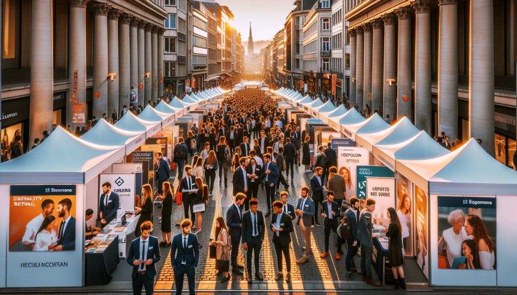 Une rue animée de Bruxelles, ornée de stands de salon de l'emploi dédiés aux secteurs de l'hôtellerie et du commerce de détail. Il y a une variété de styles de stands pour attirer le regard, représentant différentes entreprises et opportunités d'emploi. Des personnes de genres et d'origines variés, telles que caucasiennes, asiatiques et noires, naviguent avec intérêt dans le salon. Des hommes et des femmes en tenue professionnelle s'engagent avec enthousiasme auprès des employeurs potentiels. Les teintes dorées du soleil couchant projettent de longues ombres, donnant à la scène une tonalité chaude et vibrante.