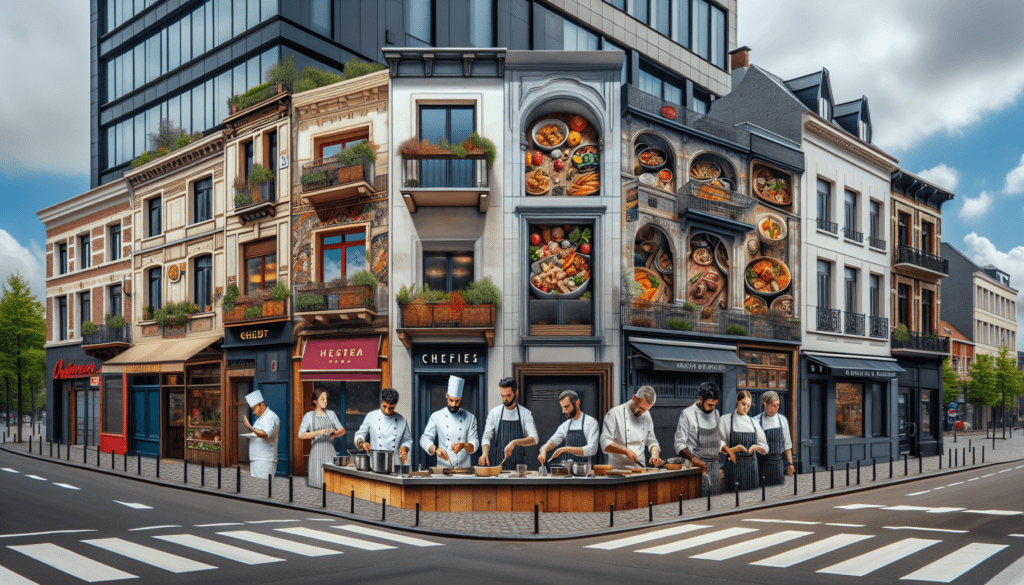 Un carrefour animé dans la zone urbaine d'Ixelles, mettant en valeur un éventail vibrant de restaurants. Les extérieurs de ces établissements affichent une variété d'éléments architecturaux et de design uniques, symbolisant la diversité des cuisines proposées. Des chefs de différentes origines, tels que caucasiens, sud-asiatiques, hispaniques et noirs, sont visibles à travers leurs cuisines à panneaux de verre. Ces experts culinaires, hommes et femmes, sont complètement absorbés par leurs tâches, préparant des plats alléchants alors que la vie citadine s'agite autour d'eux.