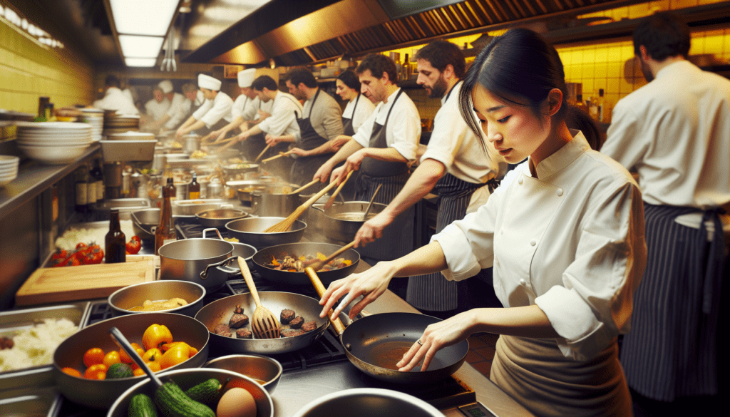 Une image d'une chef cuisinière asiatique préparant avec diligence divers plats dans une cuisine animée située à Bruxelles, en Belgique. Ses mains bougent avec habileté, révélant son expertise. L'environnement de la cuisine déborde de l'agitation des membres du personnel diversifié. Des casseroles et des poêles s'entrechoquent, des produits frais jonchent le comptoir et le riche arôme de la nourriture en cuisson emplit l'air, symbolisant l'atmosphère énergique typiquement trouvée dans la cuisine d'un restaurant haut de gamme. L'arrière-plan est un mélange de tons jaunes chauds et de teintes terreuses reflétant l'ambiance traditionnelle de la cuisine.