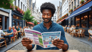 Un chercheur d'emploi afro-américain consulte avec enthousiasme un guide d'emploi détaillé et spécifique aux restaurants dans le quartier animé de Schaerbeek, à Bruxelles. Le guide est rempli d'annonces, de schémas colorés et de conseils importants. Les environs présentent une charmante architecture belge, des rues pavées et des cafés animés où des clients de diverses origines et de différents sexes savourent leurs repas.