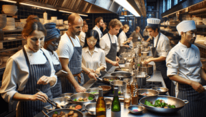 Une cuisine animée dans un restaurant de Bruxelles pendant les heures de pointe est remplie d'une équipe de travailleurs dévoués. L'équipe est un mélange d'individus qui apportent leurs origines uniques dans l'assiette : une chef cuisinière africaine se concentre sur la préparation du plat principal, un sous-chef européen prend en charge les sauces. Un serveur asiatique transgenre coordonne les échanges entre la cuisine et la salle à manger, conversant couramment en néerlandais. À l'écart, un plongeur hispanique nettoie méticuleusement les ustensiles. Ensemble, ils travaillent tous de manière fluide pour offrir une expérience gastronomique mémorable.