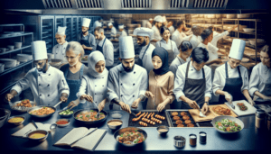 Capturez une image d'une cuisine de restaurant animée à Molenbeek, remplie du bourdonnement régulier d'équipements de cuisine modernes. Imaginez du personnel de différentes origines, incluant, sans s'y limiter, une chef de cuisine caucasienne prodiguant ses conseils avisés, un sous-chef moyen-oriental dressant méticuleusement les plats, et un cuisinier de ligne sud-asiatique grillant des épices exotiques. Remarquez un pâtissier asiatique décorant délicatement un dessert, tandis qu'un plongeur hispanique maintient un flux constant d'assiettes et d'ustensiles propres. L'image transmet une sensation de chaos organisé, la danse harmonieuse d'une cuisine professionnelle diversifiée.