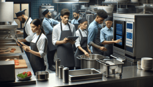 Image d'une cuisine de restaurant moderne et animée. De nombreux membres du personnel travaillent avec diligence. Une chef cuisinière caucasienne utilise un four high-tech, tandis qu'un sous-chef masculin hispanique étudie attentivement une recette numérique sur une tablette. Une assistante noire utilise un robot culinaire moderne pour découper des légumes et un plongeur asiatique manie avec efficacité une machine à laver la vaisselle de pointe. L'atmosphère générale est intense et concentrée, avec des appareils en acier inoxydable brillants et une technologie culinaire de dernière génération qui remplissent la scène.