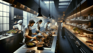 Une cuisine de restaurant moderne et animée située à Uccle, une région réputée pour son savoir-faire culinaire. La cuisine est bien équipée avec des appareils en acier inoxydable, un éclairage d'ambiance et des plans de travail élégants. Plusieurs chefs s'affairent à leurs tâches — un chef masculin du Moyen-Orient hachant finement des légumes, une chef féminine hispanique remuant gracieusement une grande marmite de sauce mijotant, un chef masculin noir dressant attentivement un plat avec précision et une chef féminine asiatique garnissant soigneusement une entrée. L'air est rempli de parfums aromatiques et des sons de création culinaire, dépeignant une scène d'activité harmonieuse.