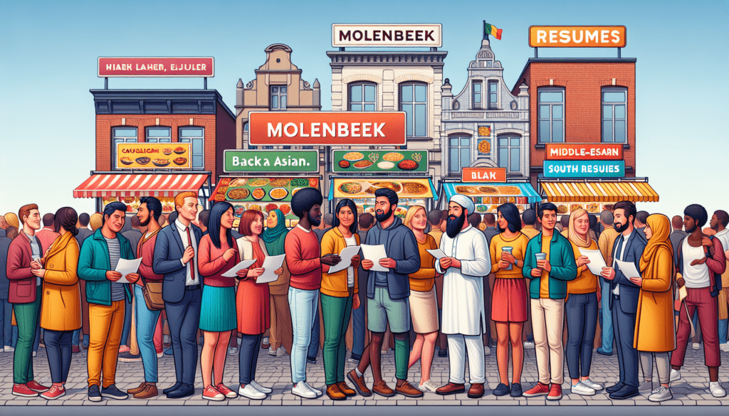 Vue de la rue de Molenbeek présentant une variété de stands de nourriture, chacun proposant différentes cuisines. Il y a de nombreuses personnes dans la scène représentant différentes origines telles que caucasienne, hispanique, noire, moyen-orientale, sud-asiatique et blanche. Elles participent à des conversations et à du réseautage, échangeant des CV. L'ambiance générale représente un rassemblement communautaire inclusif et dynamique où des personnes de tous horizons se réunissent pour partager de la nourriture et des opportunités.