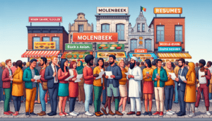 Vue de la rue de Molenbeek présentant une variété de stands de nourriture, chacun proposant différentes cuisines. Il y a de nombreuses personnes dans la scène représentant différentes origines telles que caucasienne, hispanique, noire, moyen-orientale, sud-asiatique et blanche. Elles participent à des conversations et à du réseautage, échangeant des CV. L'ambiance générale représente un rassemblement communautaire inclusif et dynamique où des personnes de tous horizons se réunissent pour partager de la nourriture et des opportunités.