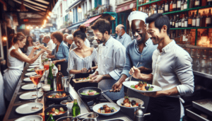 Imaginez une scène de restaurant animée située dans le quartier vivant d'Ixelles. Capturez un éventail diversifié d'individus impliqués dans la dynamique du lieu. Deux chefs cuisiniers caucasiens absorbés par leur art, une serveuse hispanique apportant des assiettes de plats exquis aux clients, un barman noir préparant des cocktails fascinants derrière le bar et une hôtesse asiatique accueillant les clients avec un sourire amical. Incluez les éléments primordiaux synonymes de tels environnements comme le cliquetis des ustensiles de cuisine, le bouillonnement des marmites, le rythme précipité des serveurs et l'ambiance générale faite de bavardages et de rires des clients.